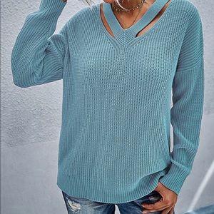 Blue Cutout V-Neck Sweater